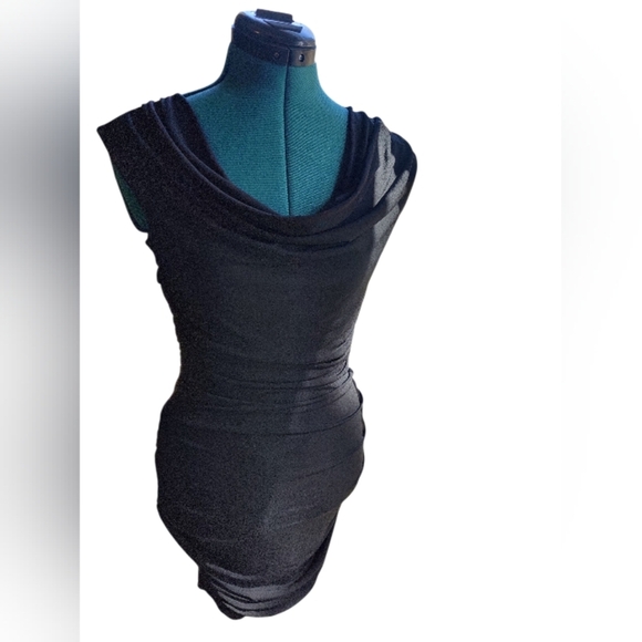 BCX Mini Bodycon Rouched Black Dress Cocktail Dress Beaded Back Opening Small - Picture 1 of 7